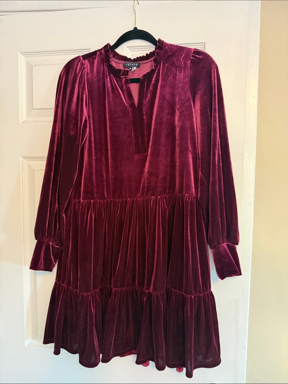 1. State Velvet Long Sleeve Tiered Dress in Deep Burgundy